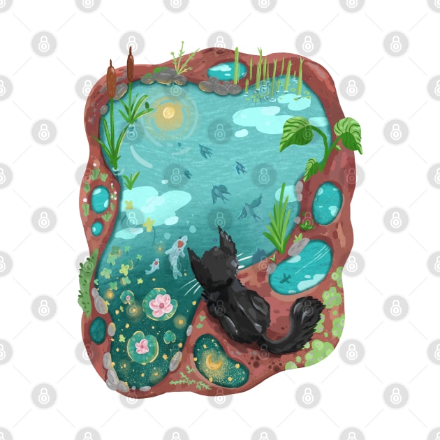 Black Cat and the Sky Koi Pond by narwhalwall