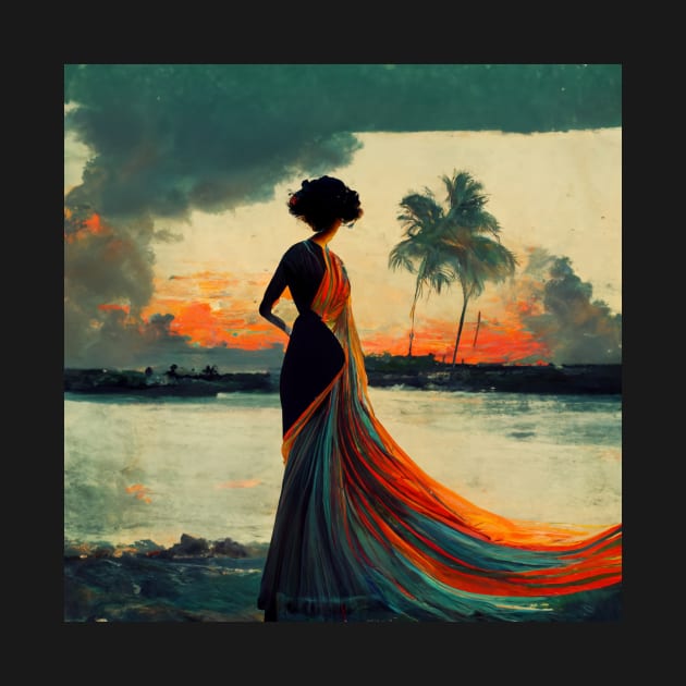 Elegant woman and sunset on Caribbean by AmazinfArt