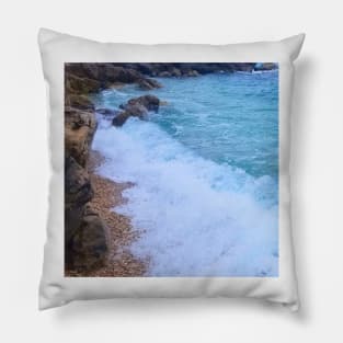 Blue Ocean Waves Against The Rocks Pillow