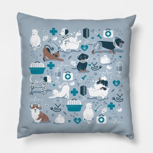 Veterinary medicine, happy and healthy friends // pastel blue background turquoise details navy blue white and brown cats dogs and other animals Pillow