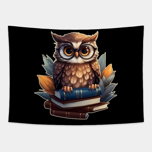 Owl with books Tapestry by beangeerie