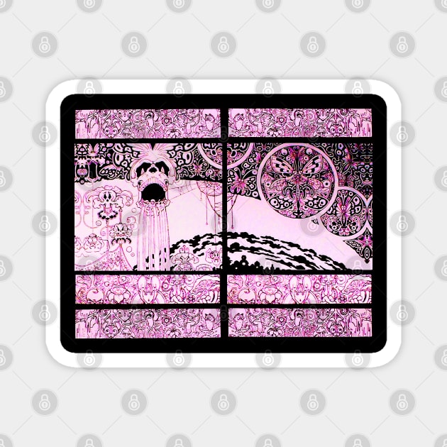 PINK BLACK SKULL, BUTTERFLIES,OWLS AND FANTASTIC CREATURES Psychedelic Fantasy Magnet by BulganLumini