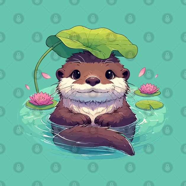 Kawaii Anime Otter Bath With Water Lily by TomFrontierArt