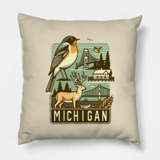 Michigan's Vintage Line Art - Nature and Landmarks Pillow