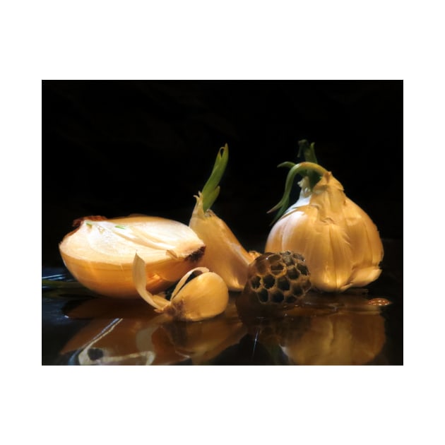 Garlic, Onion, and Honey 2 - Baroque Inspired Dark Still Life Photo by GenAumonier
