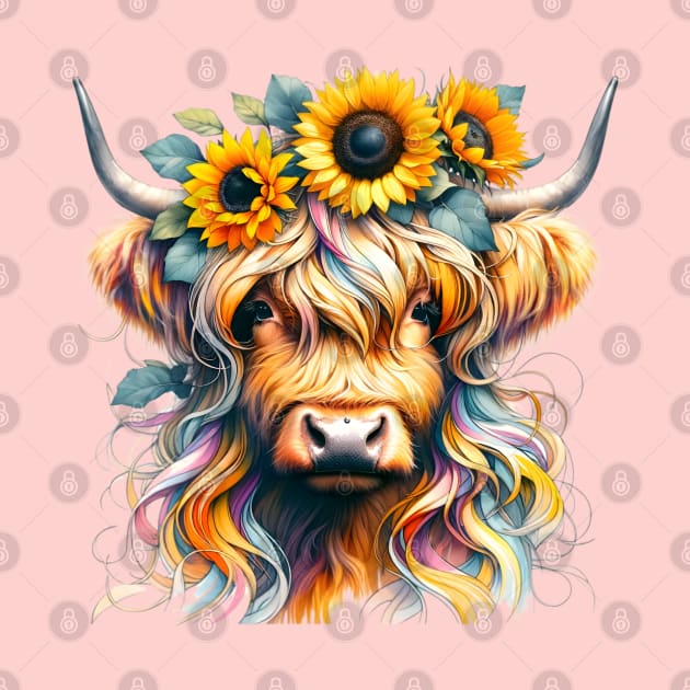 Highland Cow with Crown of Sunflowers by Ebony T-shirts