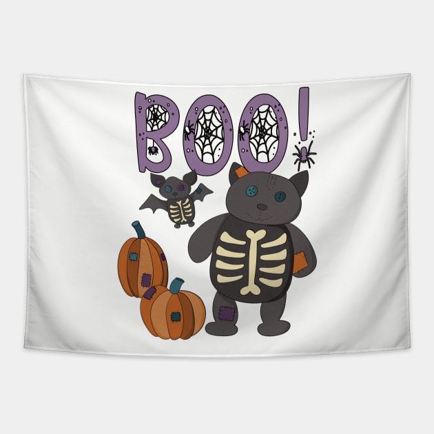Boo Halloween Bat and Cat Tapestry by Alissa Carin