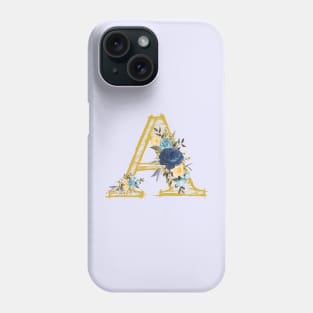 Monogram Letter A In Metallic Gold With Aesthetic Blue Flowers Botany And Digital Lavender Background Pantone Color Phone Case