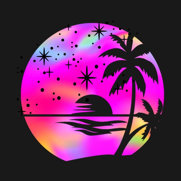 Hot Pink Holographic Rainbow Palm Trees: Ocean Beach Scene Retro Vintage Sunset Aesthetic by ThePinkPrincessShop