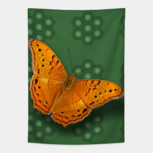 Beautiful orange butterfly on green pattern background Tapestry