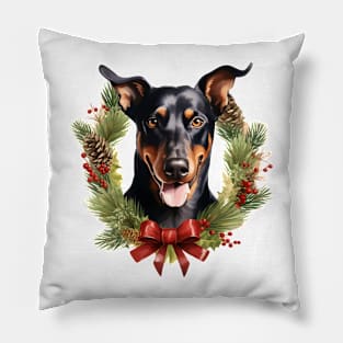 Christmas Doberman Dog Wreath Pillow