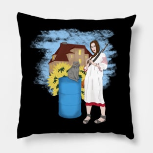 Armed Ukrainen woman with cat. Sunflowers Pillow