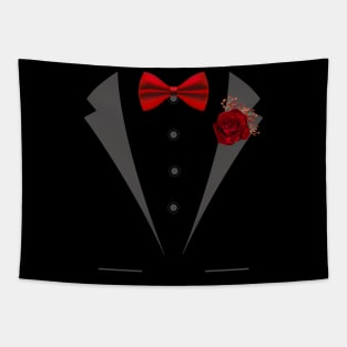 Faux Tuxedo with red bow tie and rose boutonniere Tapestry