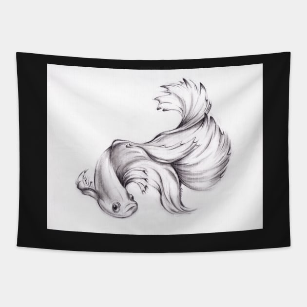 Aquatic Angel - Betta/Siamese Fighting Fish Charcoal Drawing Tapestry by tranquilwaters