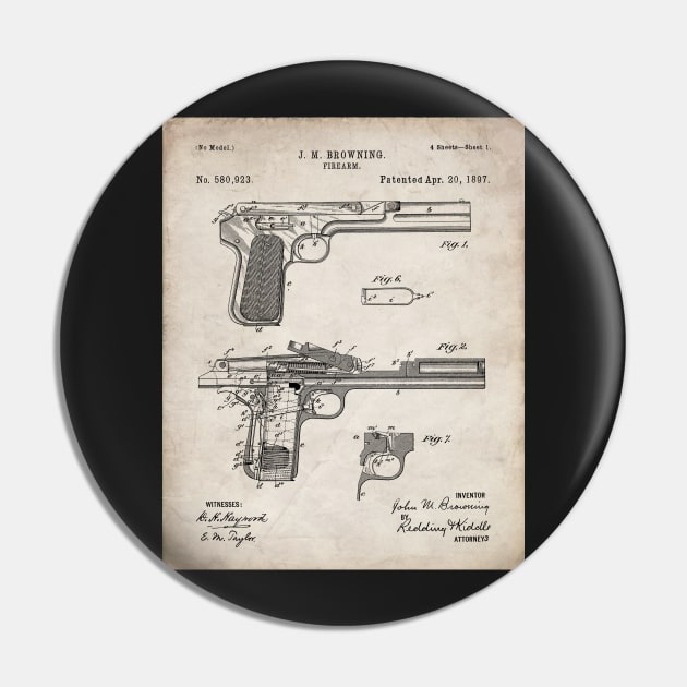 Browning Pistol Patent - Gun Lover Military Fan Art - Antique Pin by patentpress