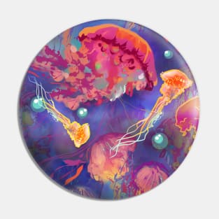 Jellyfish in deep blue water with bright rainbow colors undersea pattern Pin