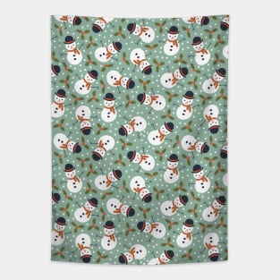 Snowmen and holly - white, green and red on mint - Christmas pattern by Cecca Designs Tapestry