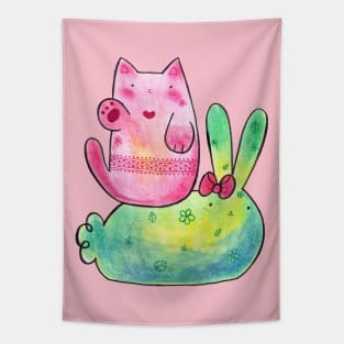 Pink Cat and Green Bunny Tapestry