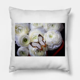 Exotic White Butterfly On With Ranunculus Flowers Pillow
