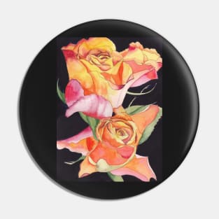 Pink and Yellow Roses watercolour painting with a dark background. Pin