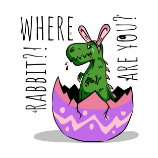 Little cute green dinosaur with rabbit ears looking for rabbit before easter holiday cry  t-shirt T-Shirt