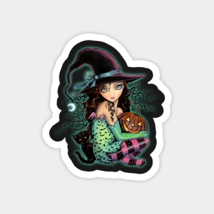 Halloween Hill Cute Witch Cat Pumpkin Magnet