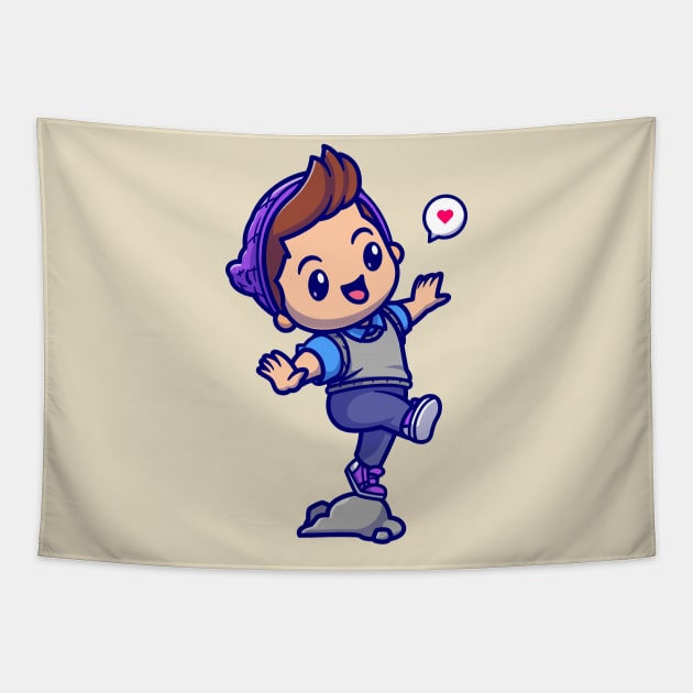 Cute Boy Stepping On The Rock Cartoon Tapestry by Catalyst Labs