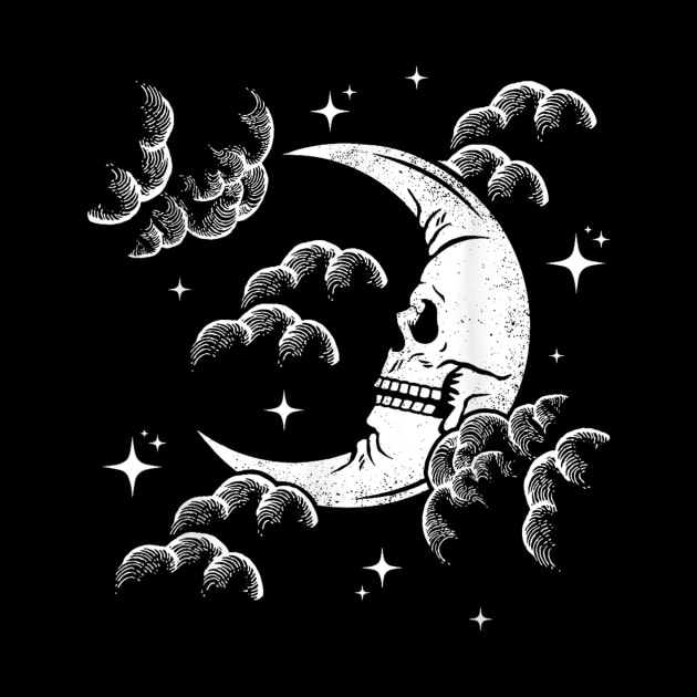 Astrology Crescent Skull Moon, Night Sky w Clouds and Stars by irelandefelder