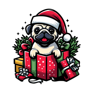 Pug In Present Dog Christmas Festive Santa Hat T-Shirt