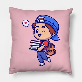 Cute Boy Going To School And Bring Books Cartoon Pillow