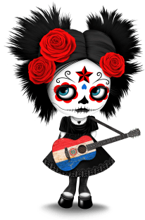 Sugar Skull Girl Playing Paraguay Flag Guitar Magnet