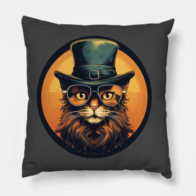 High Society Retro Cat in Glasses and Top Hat Pillow by Purple Dewdrop Designs