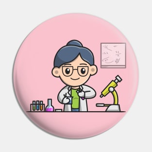 Cute Female Scientist Experimenting In The Laboratory Cartoon Pin