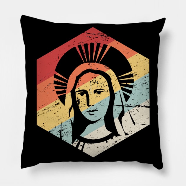 Retro 70s Catholic Virgin Mary Icon Pillow by Wizardmode