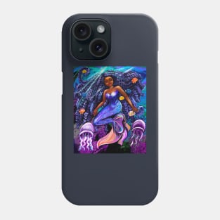 mermaid underwater with flowing shimmering blue black braids fish and jelly fish  , brown eyes curly Afro hair and caramel brown skin Phone Case