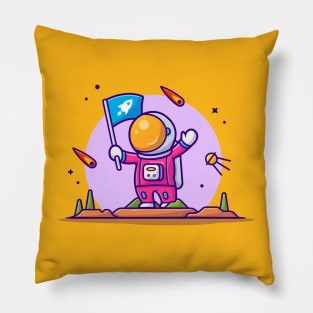 Cute Astronaut Holding Flag On Planet Cartoon Vector Icon Illustration Pillow