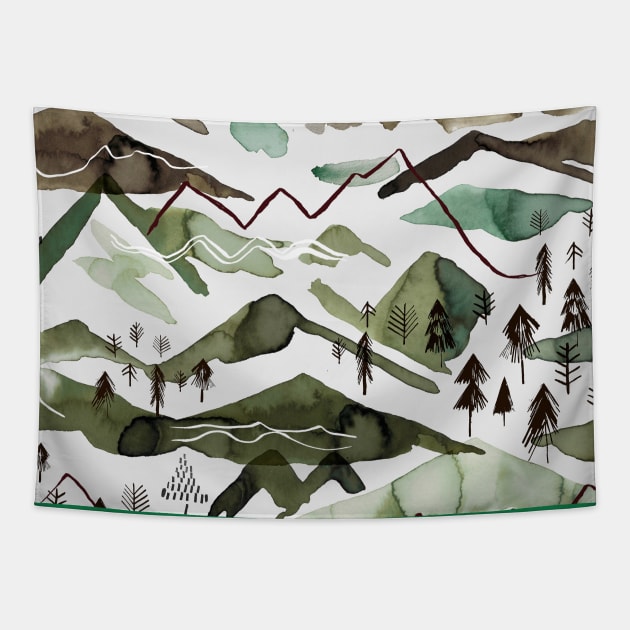 Pocket - WATERCOLOR MOUNTAINS GOLD GREEN Tapestry by ninoladesign