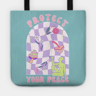 Protect Your Peace - Funky Hippie Design with Mushrooms and Flowers Tote