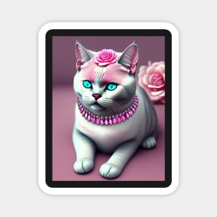 British Shorthair adorned with gems and pink roses Magnet
