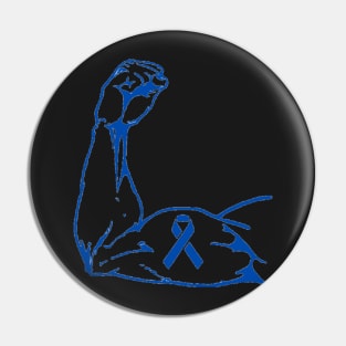 Flexed arm with Blue Awareness Ribbon Pin