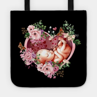 Baby inside the heart shaped womb, fetus, maternity floral botany, fetal, pregnant,vintage anatomy style, anatomy art, student, doctor, medical Tote