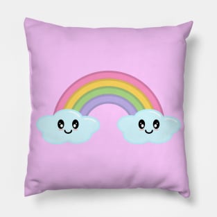 Kawaii Cute Happy Rainbow and Clouds in Pink Pillow