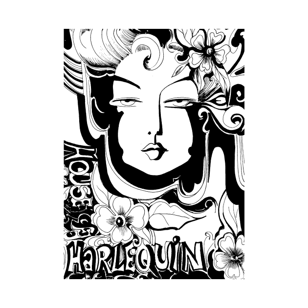 HOUSE OF HARLEQUIN TAG DESIGN ART NOUVEAU BLACK WHITE DRAWING by jacquline8689