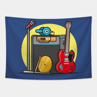 Music Instrument Concert Perform with Guitar, Microphone, Drum and Headphone Cartoon Vector Icon Illustration Tapestry