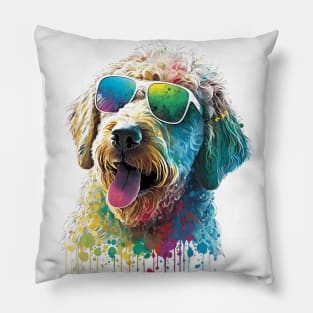 golden doodle dog and sunglasses in Summer One Pillow