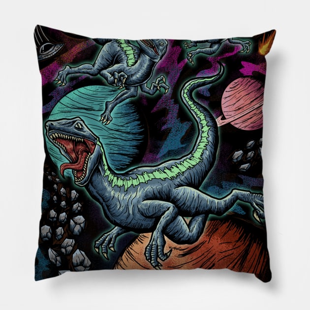 T-Rex Dinosaur Flying in Space Galaxy Pillow by Lazarino