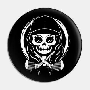 Female Golfer Skull and Golf Clubs White Logo Pin