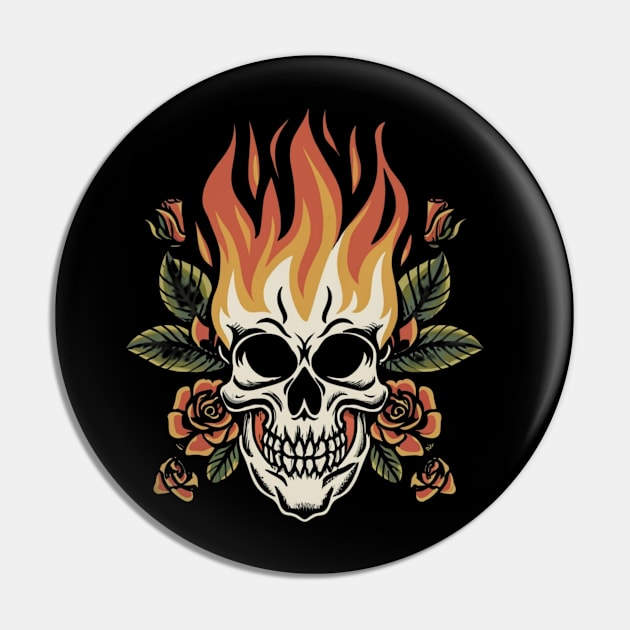 Retro Blaze Skull Tattoo - Vintage Flame Ink Pin by Goku Creations