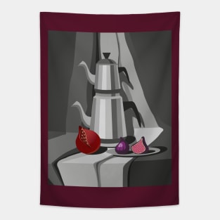 Still life with Turkish teapot and bright colorfull fruits in black and white background Tapestry