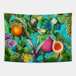 Vibrant tropical floral leaves and fruits floral illustration, botanical pattern, blue fruit pattern over a Tapestry